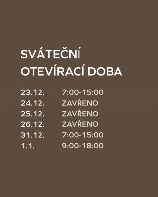 Ostatní dny dle naší běžné otevírací doby. Za celé EPIFANY přejeme krásné a klidné svátky s vašimi nejbližšími a děkujeme,...